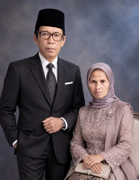 Potret studio Ayah dan Ibu Dr. Sofiawati: Ayah berdiri berjas dan berpeci, Ibu duduk berkebaya dan berhijab